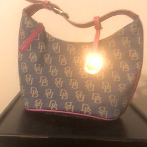 Dooney & Bourke denim and hot pink bucket bag.